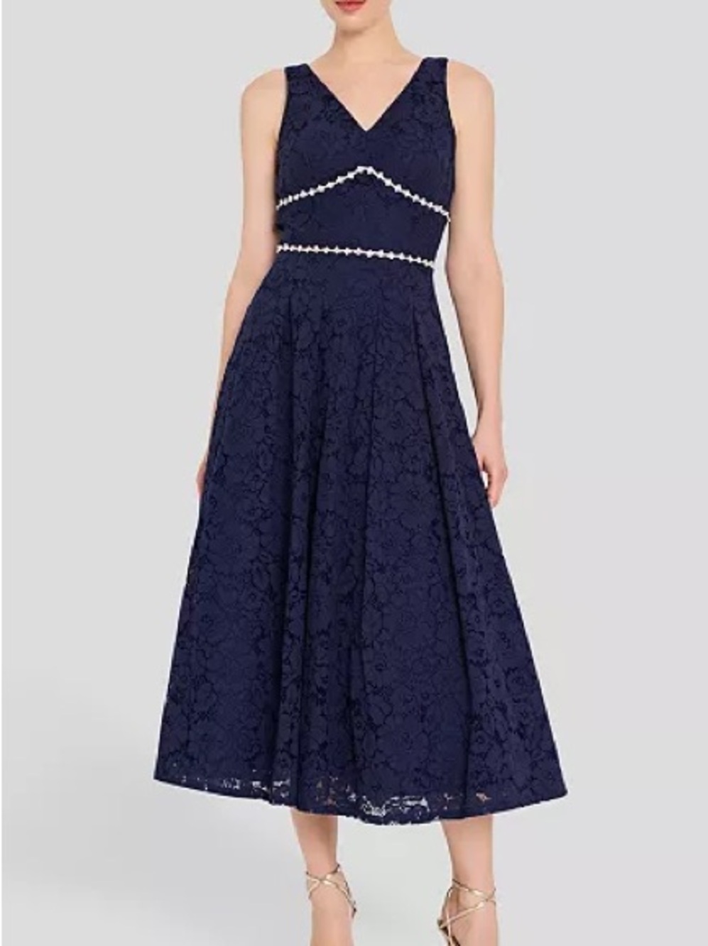 Tahari V Neck Lace Tea Length Ball Gown